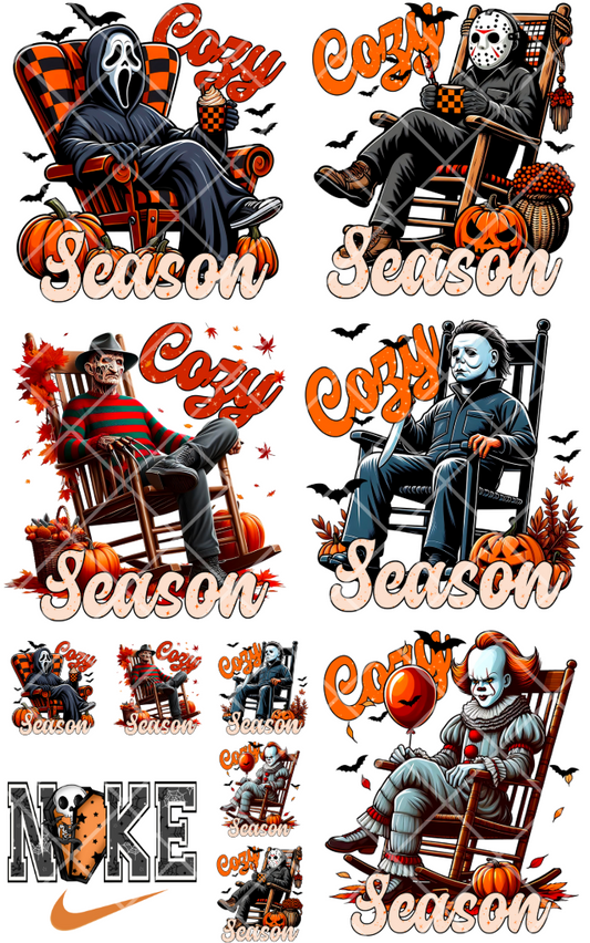 Pre-Made Cozy Season Scary Movie DTF Gang Sheet 22x36 with 5 adult, 5 pocket, 1 youth size