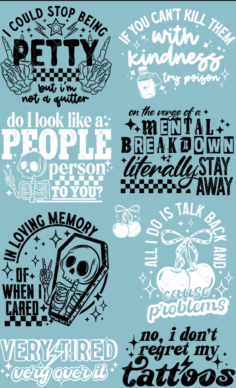 Pre-Made Snarky DTF Gang Sheet 22x36 with 8 Adult Size Designs