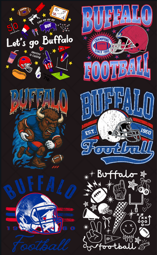 Pre-Made Buffalo Football DTF Gang Sheet 22x36 with 6 adult size designs