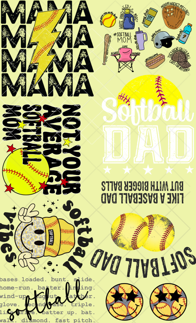 Pre-Made Softball DTF Gang Sheet 22x36 with 7 Designs, Adult Sizes