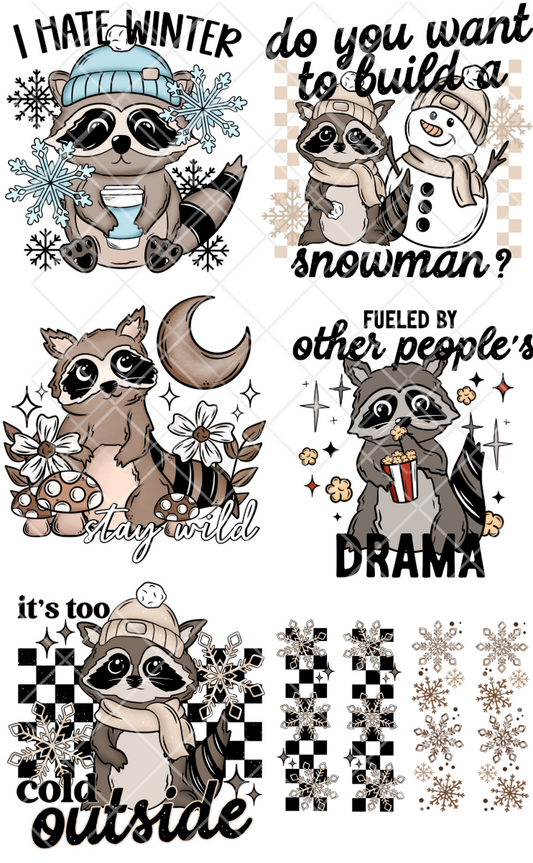 Pre-Made Raccoon Winter DTF Gang Sheet, 5 Adult and 2 sets of sleeve designs 22x36