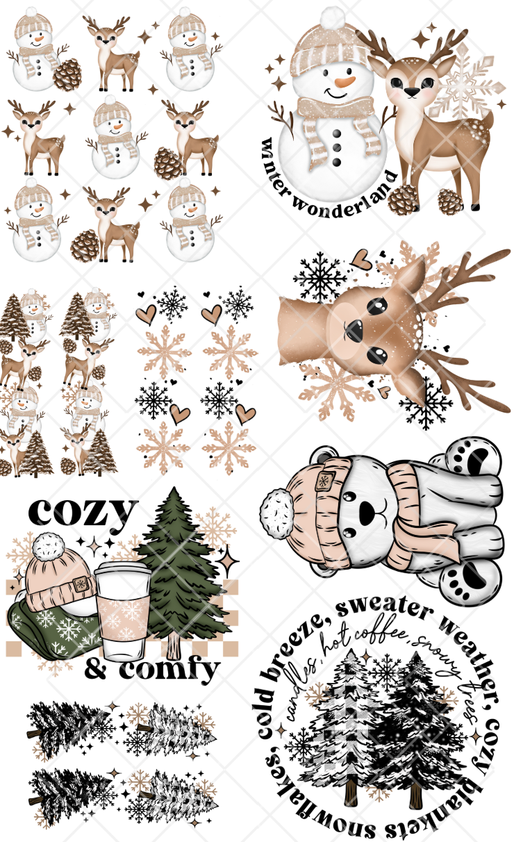 Pre-Made Winter DTF Gang Sheet, 6 Adult and 3 sets of sleeve designs 22x36