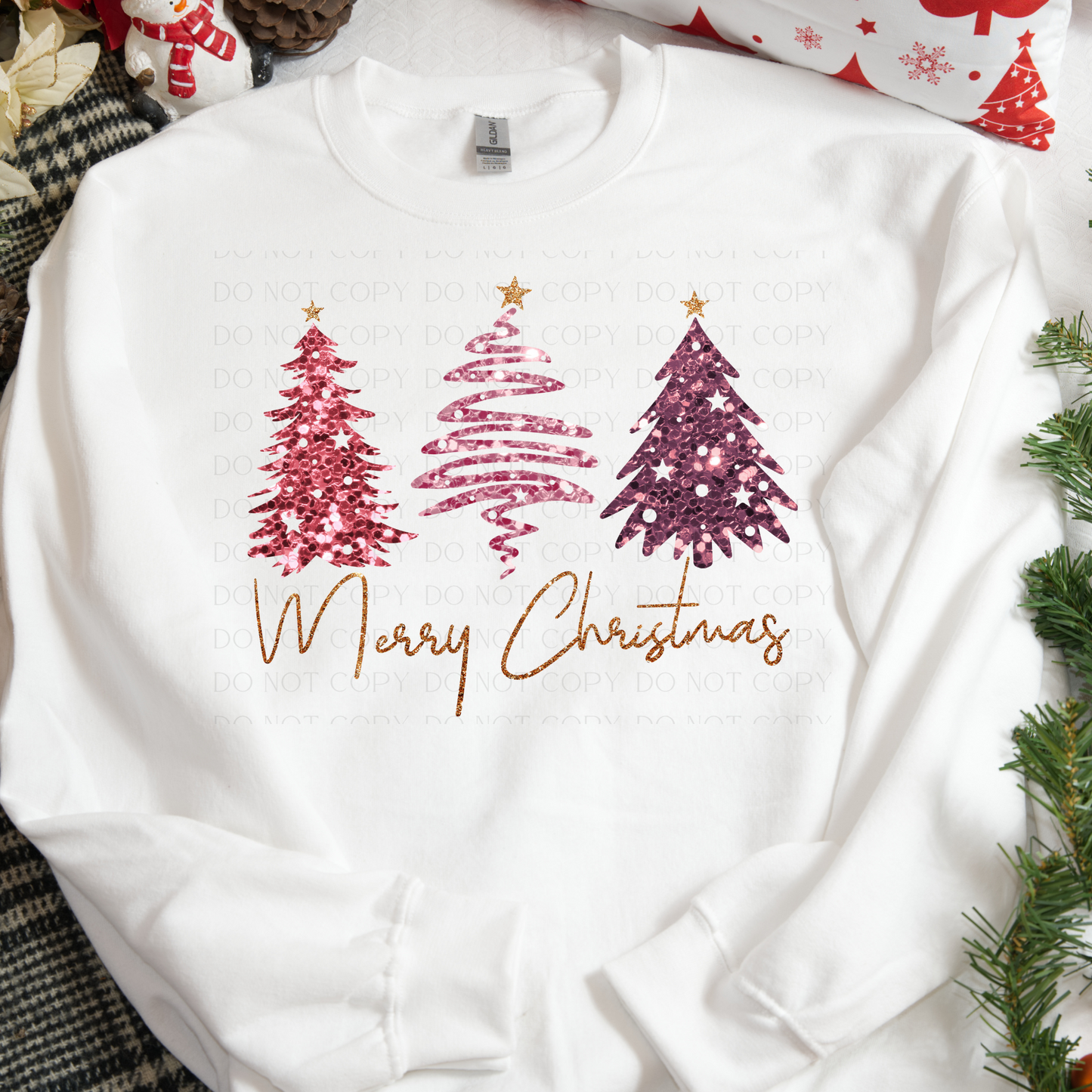 Faux Glitter Sparkle Merry Christmas Trees DTF Transfer