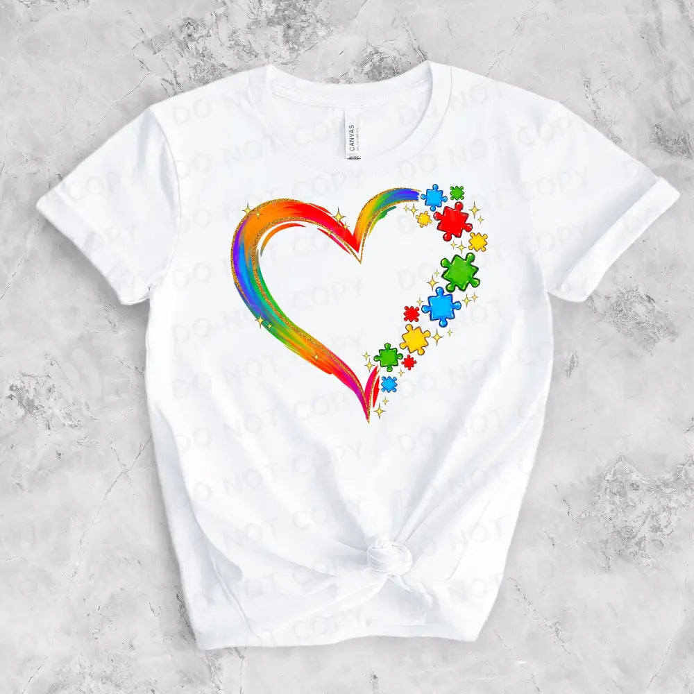 Autism Awareness Rainbow Heart Puzzle Pieces Dtf Transfers Clear Film Print Ready To Press Heat