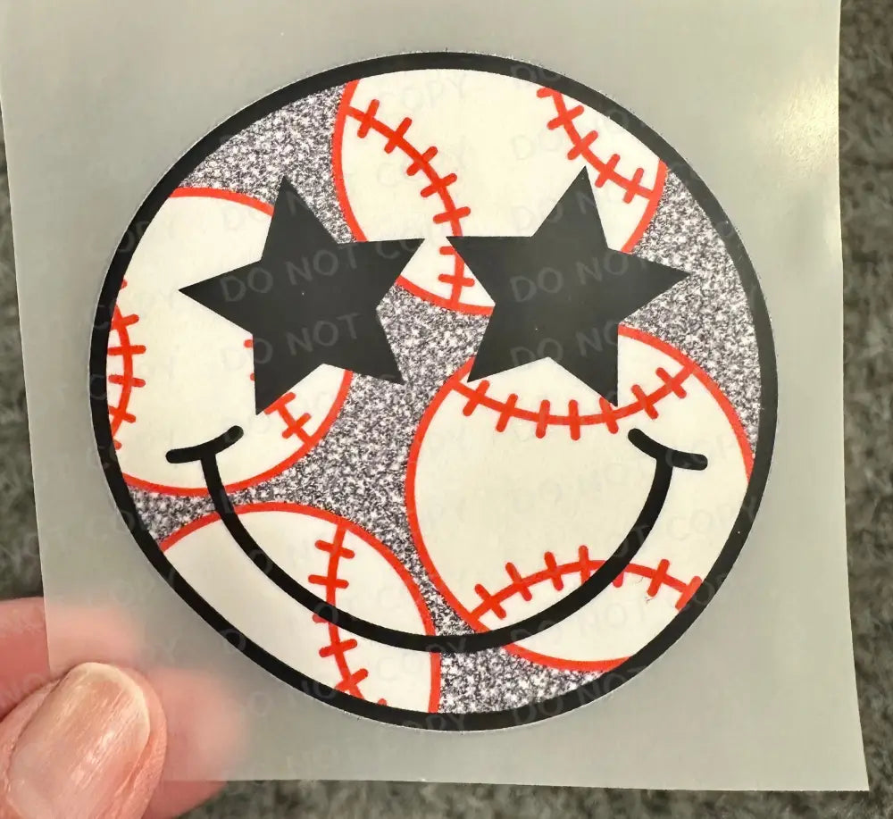 Baseball Happy Face Smile Glitter Stars Dtf Transfers Clear Film Prints Ready To Press Heat