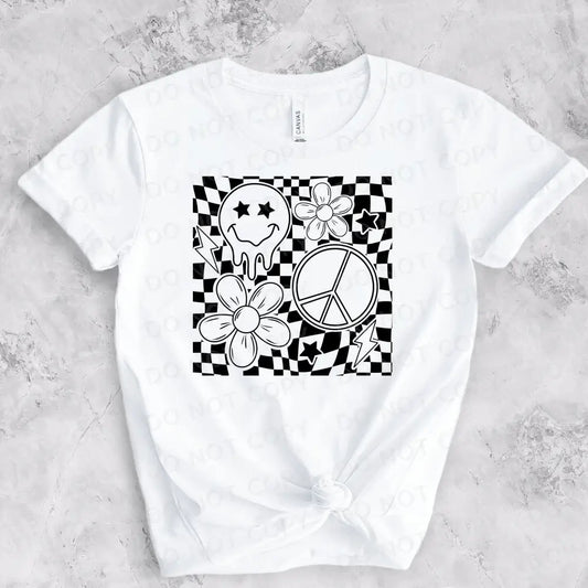 Checkered Peace Flower Happy Shirt Design Black Dtf Transfers Ready To Press Clear Film Print
