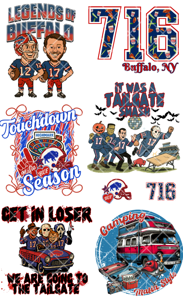 Pre-Made Buffalo 716 DTF Gang Sheet 22x36 with 6 adult and 2 pocket sizes designs
