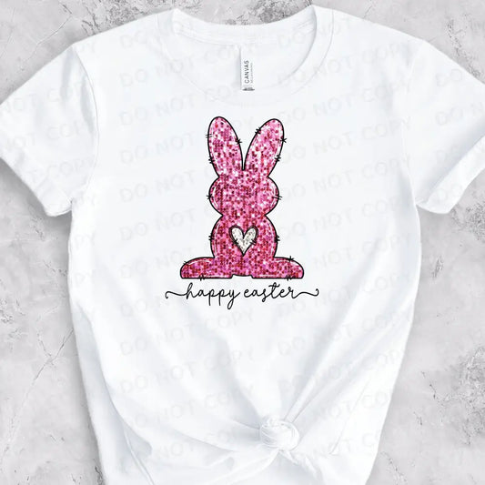 Faux Sequins Pink Glitter Sparkle Bunny Happy Easter Dtf Transfers Clear Film Ready To Press Heat