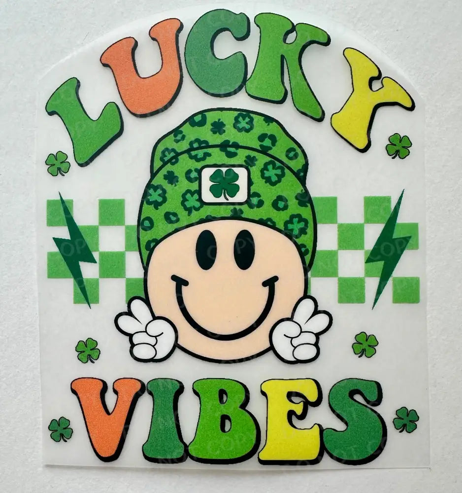 Lucky Vibes St Patrick’s Day Peace Smiley Dtf Transfers Clear Film Full Color Ready To Press Heat