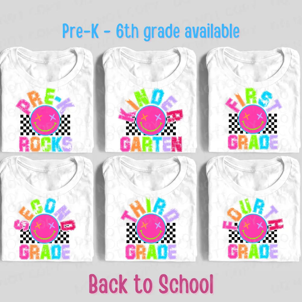 Neon Smiley Pre-K Kindergarten 1St 2Nd 3Rd 4Th Grade Back To School Dtf Transfer