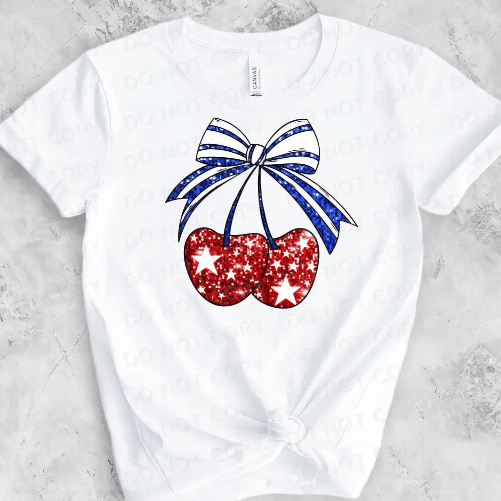 Patriotic Cherries Glitter Sparkle Bow Shirt Design Dtf Transfers Clear Film Prints Ready To Press