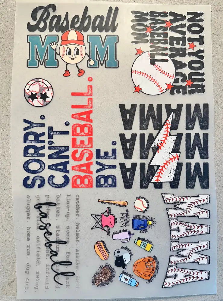 Pre-Made Baseball Gang Sheet 22X60 With 8 Designs Adult Sizes Mama Dtf Clear Film Heat Transfer