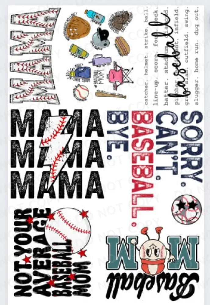 Pre-Made Baseball Gang Sheet 22X60 With 8 Designs Adult Sizes Mama Dtf Clear Film Heat Transfer