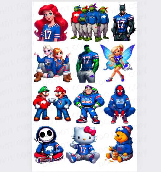 Pre-Made Buffalo Football Character Fans Gang Sheet 22X36 With 12 Youth Size Designs Cartoon Bills
