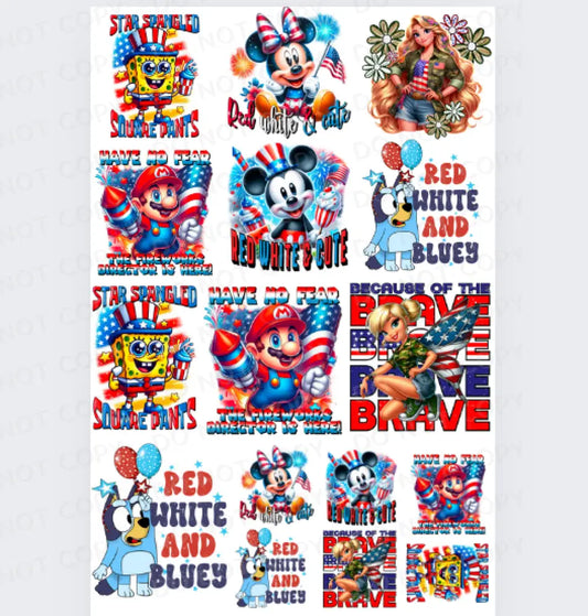 Pre-Made Fourth Of July Kids Gang Sheet 22X36 With 4 Youth 6 Toddler And Infant Size Designs