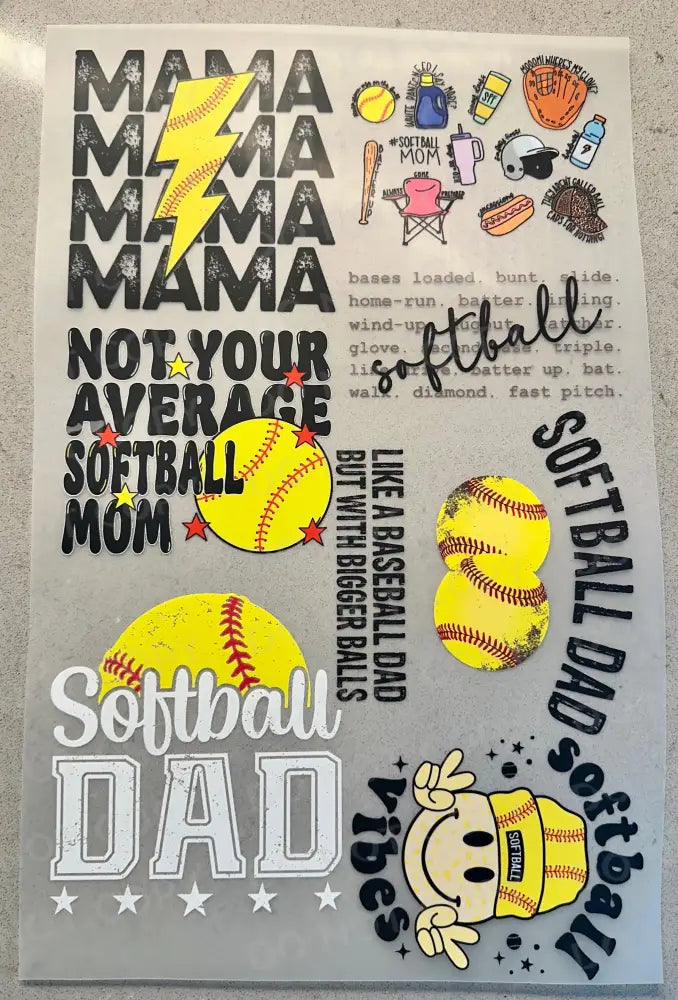 Pre-Made Softball Gang Sheet 22X36 With 7 Designs Adult Sizes Mama Dad Dtf Clear Film Heat Transfer