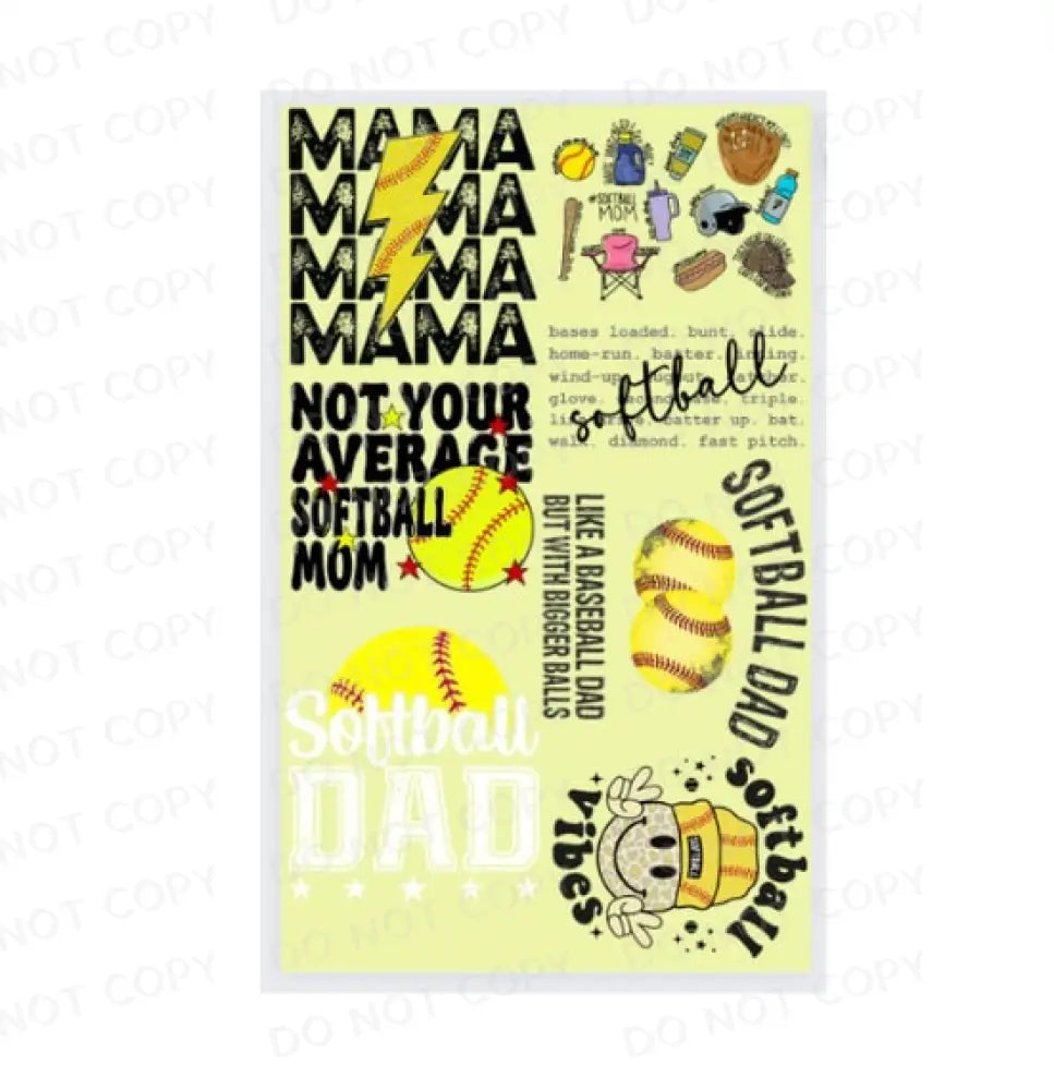 Pre-Made Softball Gang Sheet 22X36 With 7 Designs Adult Sizes Mama Dad Dtf Clear Film Heat Transfer