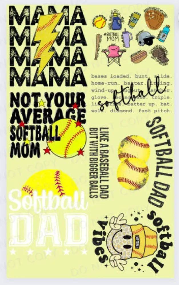 Pre-Made Softball Gang Sheet 22X36 With 7 Designs Adult Sizes Mama Dad Dtf Clear Film Heat Transfer