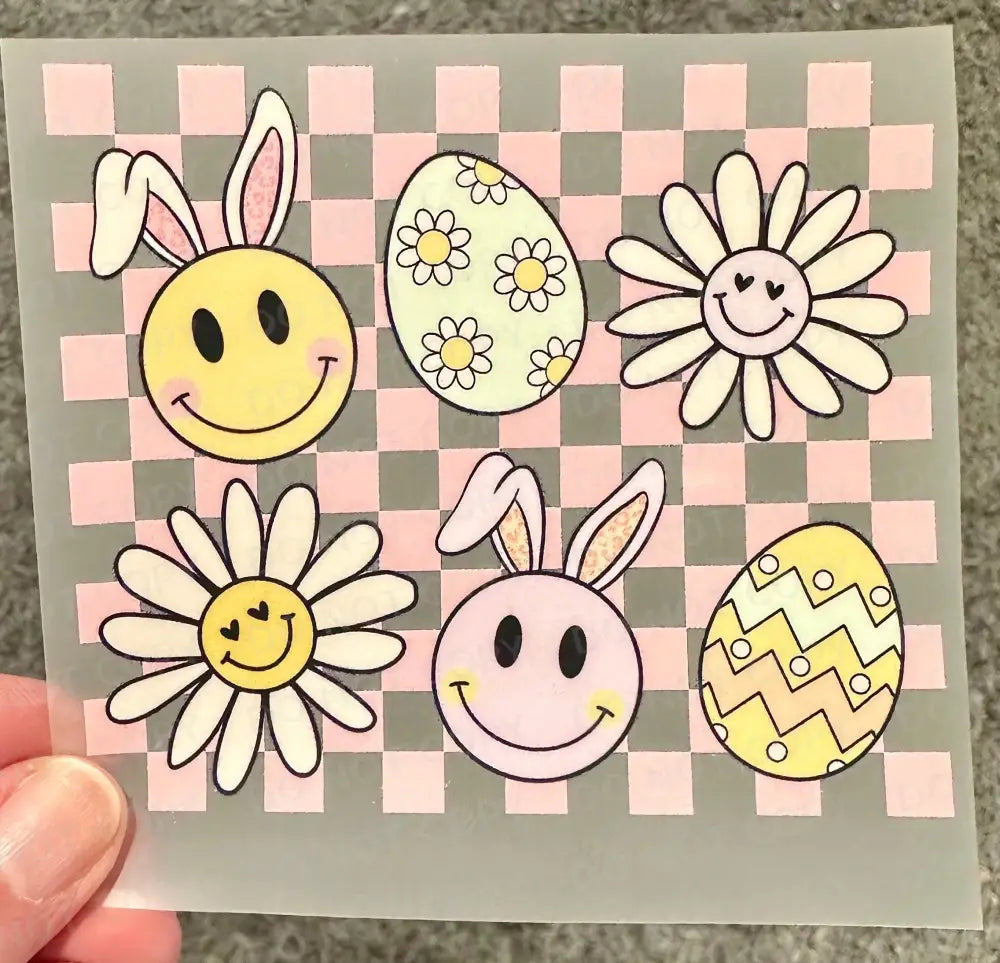 Retro Pink Checkered Bunny Flower Easter Dtf Transfers Clear Film Full Color Ready To Press Heat