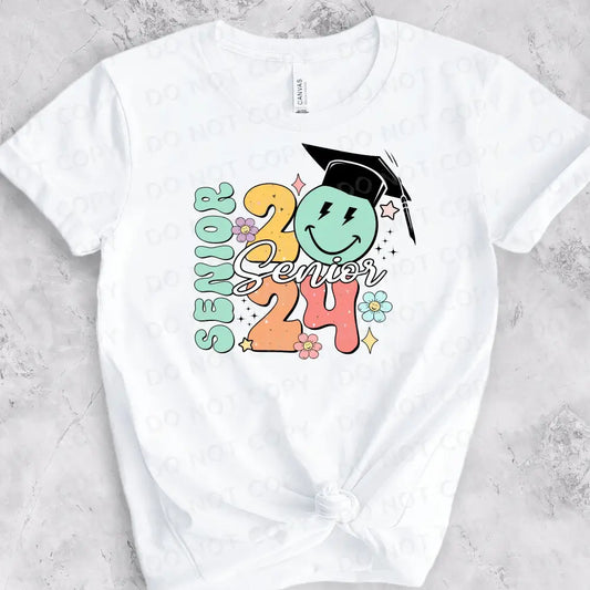 Retro Senior 2024 Graduation Cap Happy Face Dtf Transfers Ready To Press Heat Transfer Direct Film