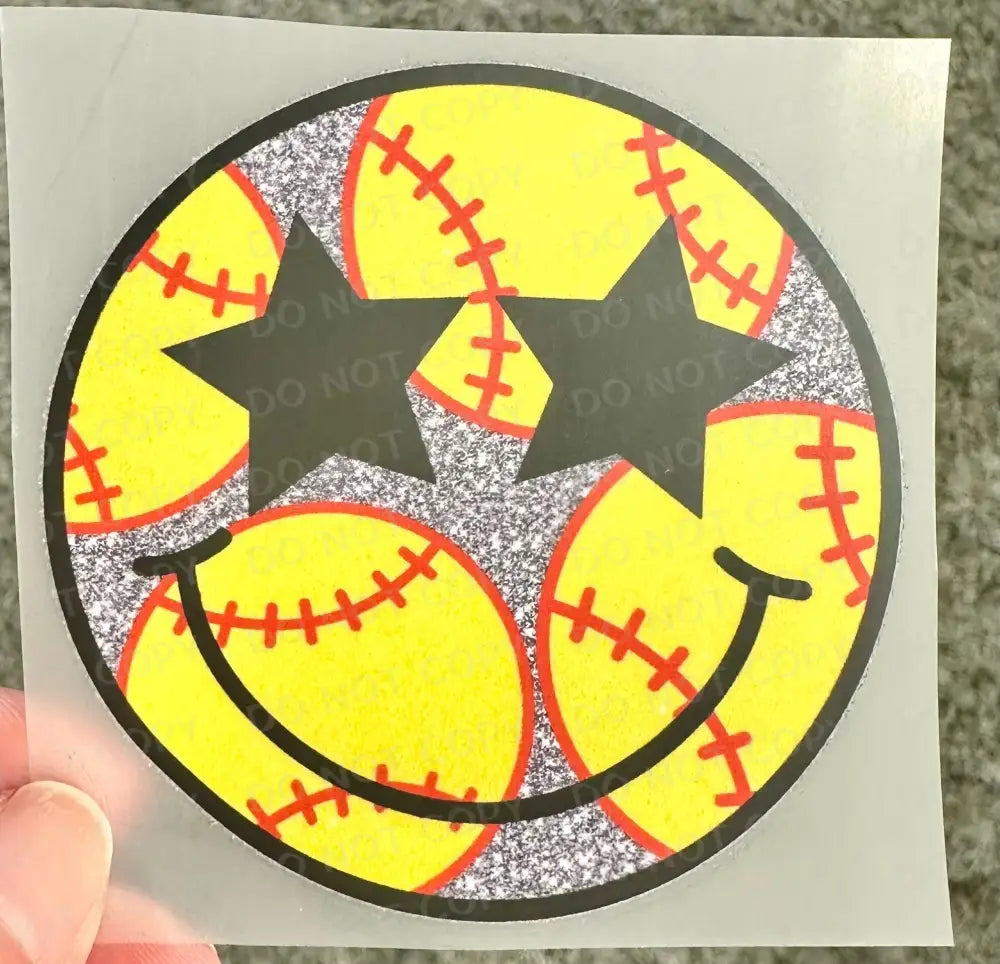 Softball Happy Face Smile Glitter Stars Dtf Transfers Clear Film Prints Ready To Press Heat