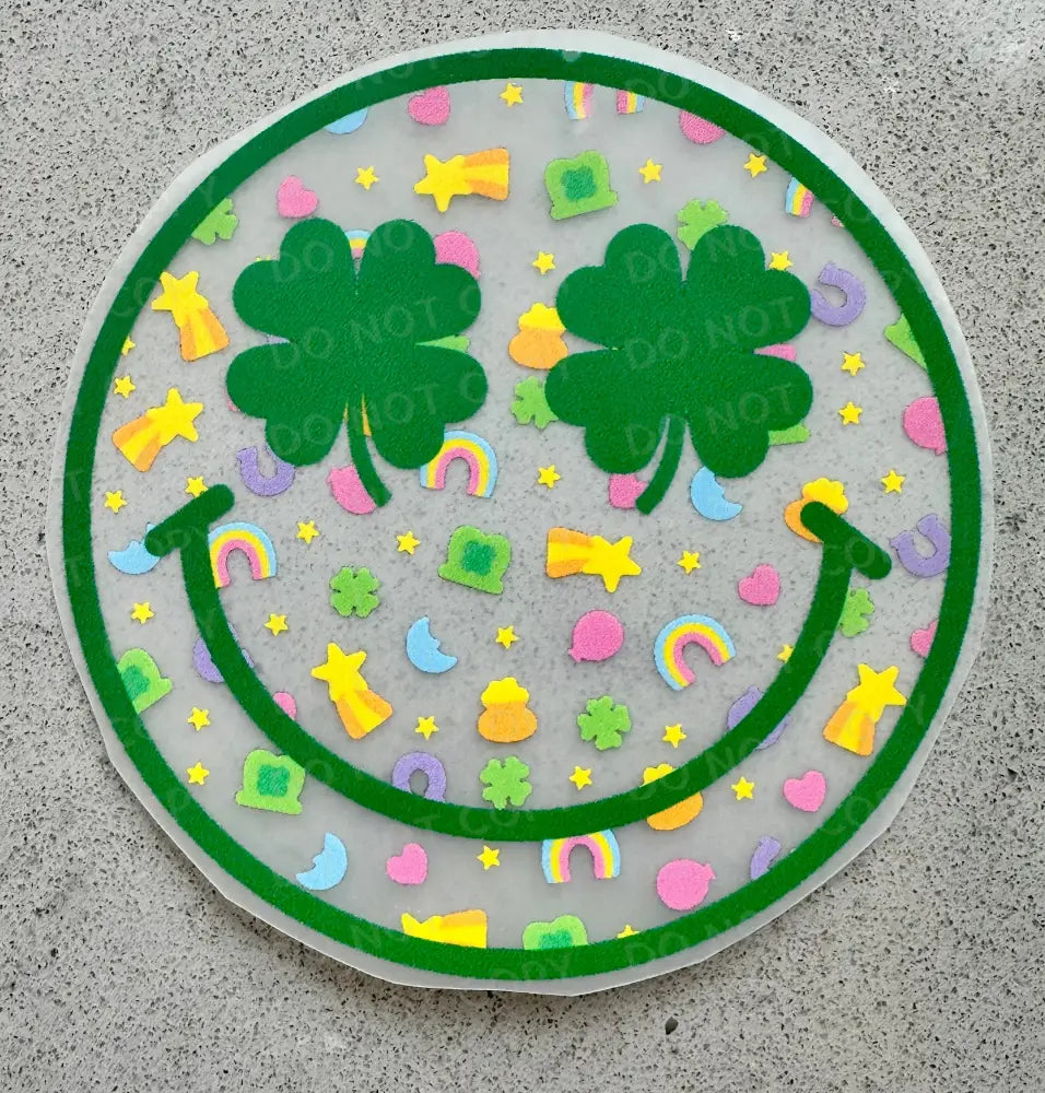 St Patrick’s Day Clover Lucky Smile Charm Dtf Transfers Clear Film Full Color Ready To Press Heat