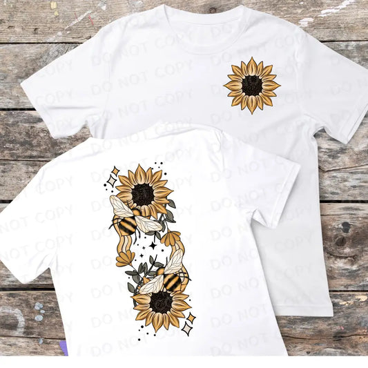 Sunflower And Bees Set Of Two Front Back Direct To Film Clear Print Ready Press Heat Transfer Hot