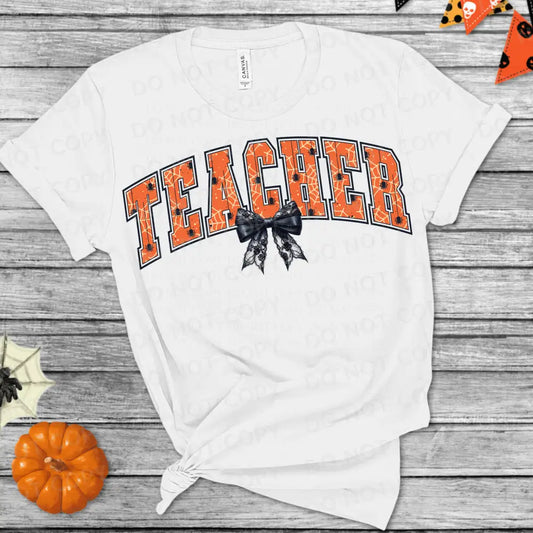 Teacher Halloween Orange Letters Black Bow Dtf Transfer