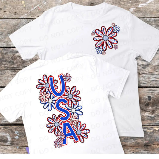 Usa Patriotic Flowers Set Of Two Front Back Direct To Film Clear Print Ready Press Heat Transfer