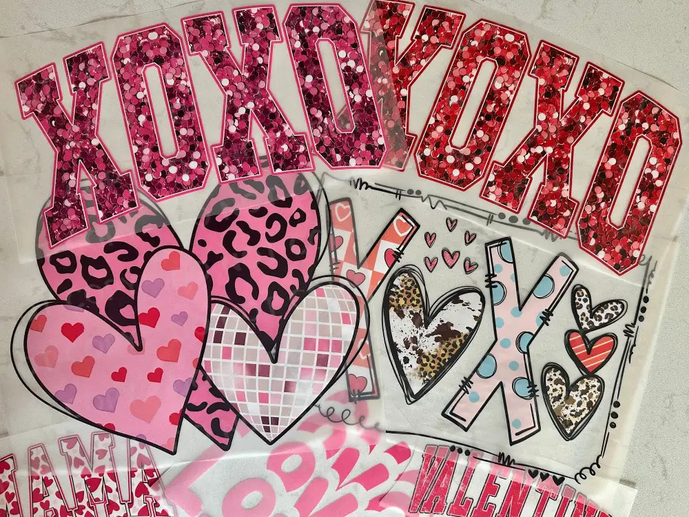 Xoxo Pink Sparkle Sequin Glitter Day Dtf Transfers Clear Film Print Ready To Press Heat Transfer